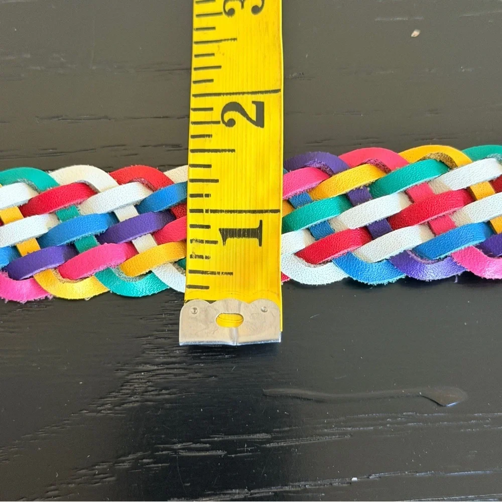 Vintage 80s Rainbow Colorful Cord Braided Belt White Leather Buckle Accent 1X